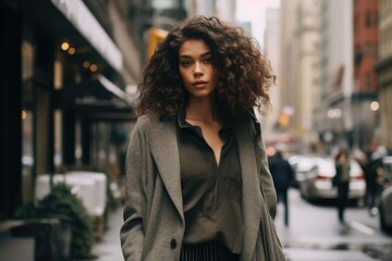 Fototapeta premium Dynamic urban street style photo. The female model's effortless coolness in the midst of a bustling city. Generative AI