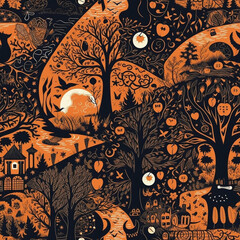 Seamless Halloween Night Pattern with Leafless Trees. Generative AI.