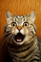 Naklejka na ściany i meble Funny cat portrait looking shocked or surprised. Generative ai image.