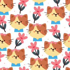 seamless pattern cartoon cat and flower. cute animal wallpaper for textile, gift wrap paper