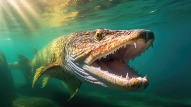 Northern Pike Fish Swimming Near the Surface of the Azure-Colored Water