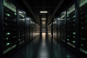 Fototapeta na wymiar data center with rows of server racks and blinking lights, created with generative ai