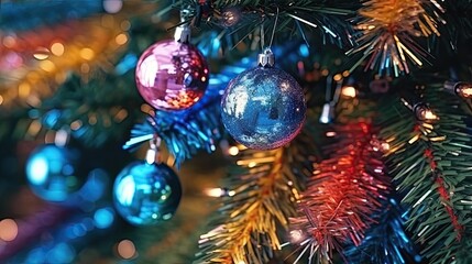 Obraz na płótnie Canvas Christmas balls hanging on fir tree, ai generative