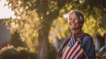 Obraz premium Happy middle aged woman smiling and holding american flag.Created with Generative AI technology.