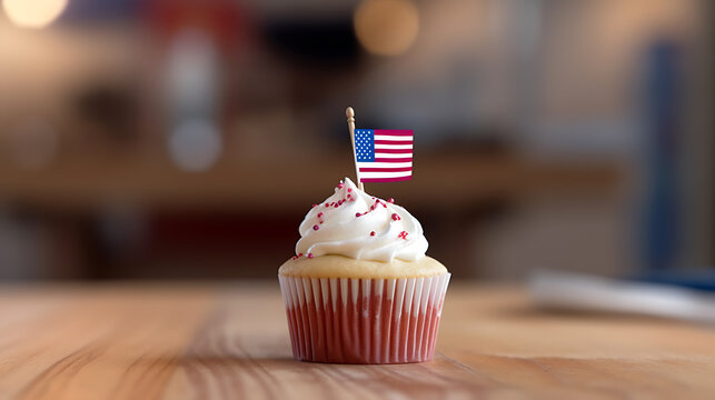 Cupcake with miniature American flag on blurred background.Created with Generative AI technology.
