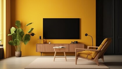 Yellow living room interior with armchair,TV stand and plant.3d rendering