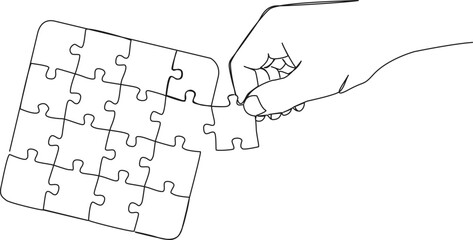continuous single line drawing of hand adding last missing puzzle piece to jigsaw puzzle, line art vector illustration
