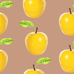 Illustration realism seamless pattern fruit apple yellow color on a light brown background. High quality illustration