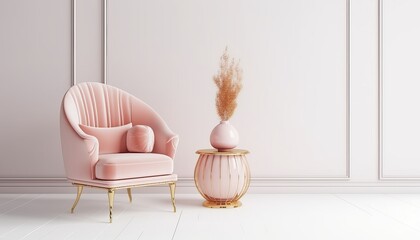 Fototapeta na wymiar Modern classic style with pink armchair and gold table on white background.3d rendering