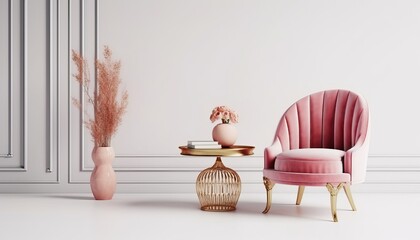 Modern classic style with pink armchair and gold table on white background.3d rendering