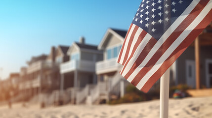 Waving american flag in the sunny coast.Created with Generative AI technology.