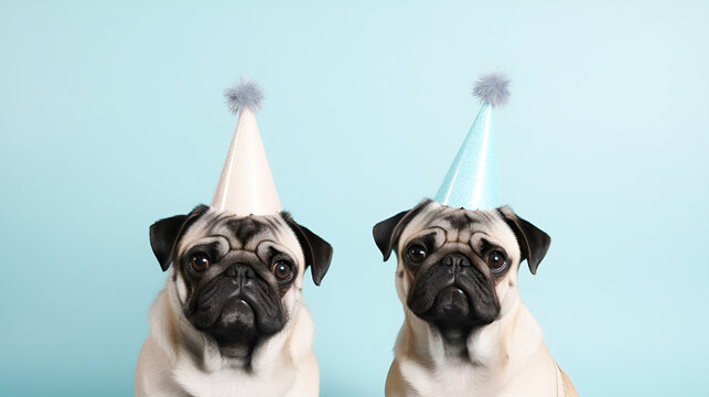 Two cute  beige pugs dogs  in birthday cap celebrating a birthday, sitting on a , pink studio background with copy space. happy birthday card with pets. Ai generative