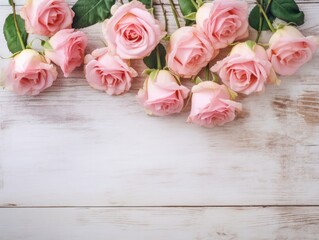 Top view of pink roses against a white wood table background, in the style of vintage. Generative AI