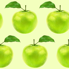 Illustration realism seamless pattern fruit apple green color on a light green background. High quality illustration