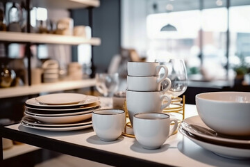 Fototapeta premium Ceramic dishes on the table in the store. Super photo realistic background, generative ai 3d illustration