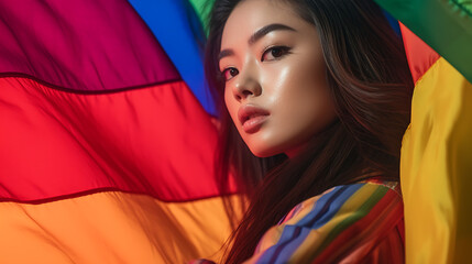 Portrait of a beautiful woman in front of an LGBT flag.Created with Generative AI technology.
