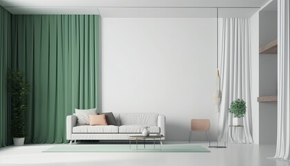 White living room minimal style with curtain and green wall.3d rendering