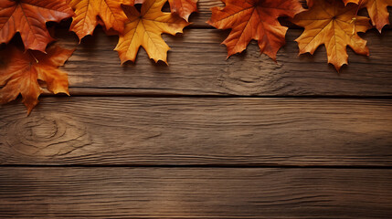 Naklejka na ściany i meble Autumn leaves over wooden background with copy space.Created with Generative AI technology.