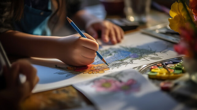 Children draw with colored pencils on paper at home.Created with Generative AI technology.