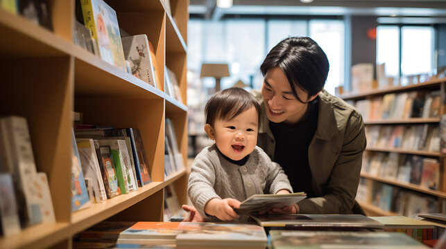 Father and young daughter reading a book at the library or bookstore.Created with Generative AI technology.