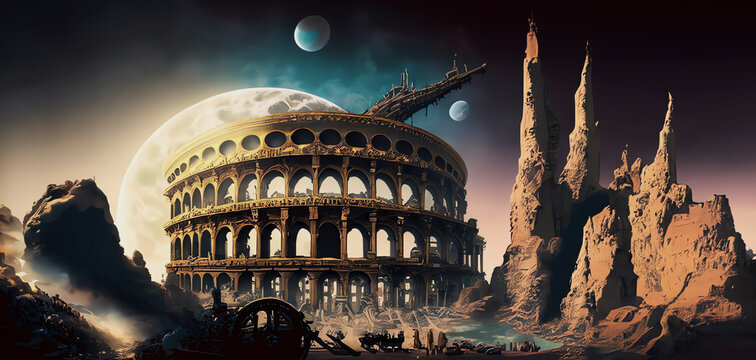 illustrazione generative ai di antico anfiteatro per giochi in rovina, ambiente desertico e ostile, luna gigante come sfondo, mondi fantastici e astronavi