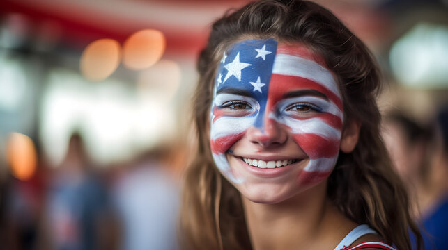 Happy girl celebrating independence day with a face painted in the colors of the American flag.Created with Generative AI technology.
