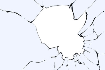 Texture of cracks on broken glass, hole in damaged window