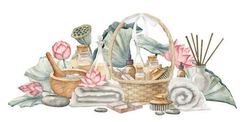 Spa eco products in basket of cosmetics and pink lotuses. Hand drawn watercolor illustration of body care toiletries and flowers on isolated transparent background. Drawing of skin care oils and soap. - obrazy, fototapety, plakaty