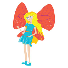 Fototapeta na wymiar Illustration of blue fairy with orange wings; Winged blonde woman as a teacher; Fantasy design for prints 
