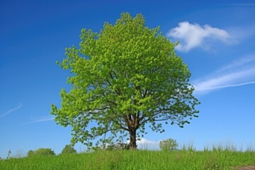 Fototapeta na wymiar sprouting tree with fresh green leaves and blue sky in the background, created with generative ai