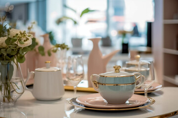 Fototapeta premium Ceramic dishes on the table in the store. Super photo realistic background, generative ai 3d illustration
