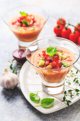 Tomato gazpacho soup with fresh cucumbers