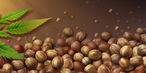 Cannabis seeds with cannabis plant isolated on light brown background. Hemp seeds illustration. Marijuana seeds are used in culinary, in medicine, rich in vitamins and amino acids. Generative AI