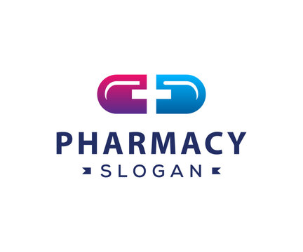 Pharmacy logo design. Medicine capsule pill vector logo design. Pill plus logo design template.