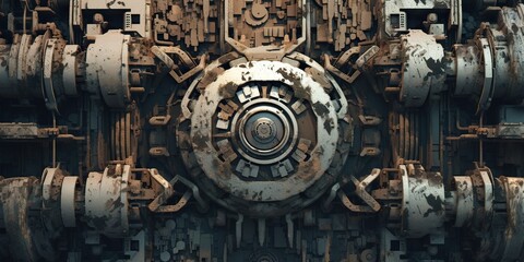 Fototapeta na wymiar Generative AI illustration of abstract robotic detail structure background design. Metallic effects with rust, grunge, scratched, dusty, rough
