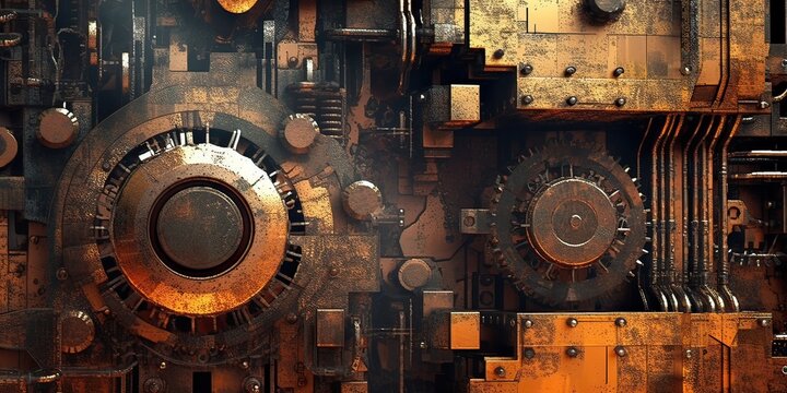 Generative AI illustration of abstract robotic detail structure background design. Metallic effects with rust, grunge, scratched, dusty, rough