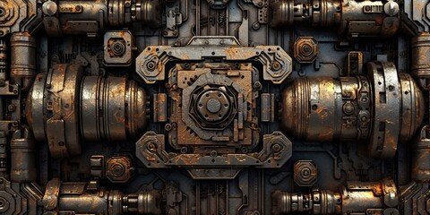 Obraz na płótnie Canvas Generative AI illustration of abstract robotic detail structure background design. Metallic effects with rust, grunge, scratched, dusty, rough
