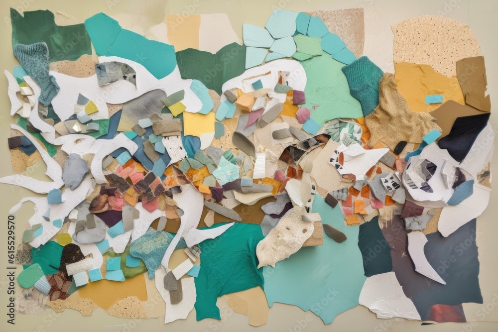 Wall mural abstract artwork, with pieces of torn paper forming abstract shapes and patterns, created with gener