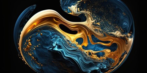 Generative AI illustration of liquid swirls in beautiful navy blue colors, with gold powder. Luxurious design wallpaper. Oil paint.