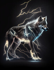 Lightning Wolf isolated in black background, Generative Ai