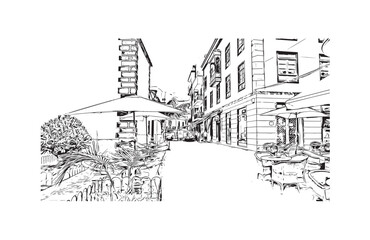 Building view with landmark of Puerto de la Cruzis the city in Spain. Hand drawn sketch illustration in vector.