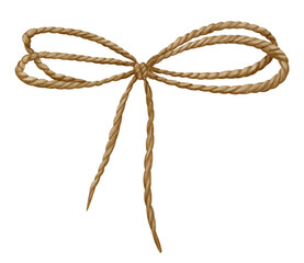Rough Jute Bow. Hand drawn watercolor illustration of twisted Rope on on isolated transparent background for clipart. Decorative element for greeting cards or invitations. Vintage curved knot.