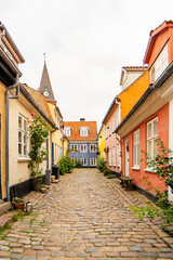 Fototapeta na wymiar Blick in die keine historische Gasse Hjelmerstald in Aalborg, vertikal