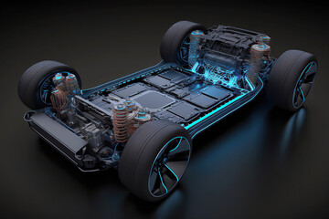 ai generated illustration Electric car under carriage chassis. - obrazy, fototapety, plakaty