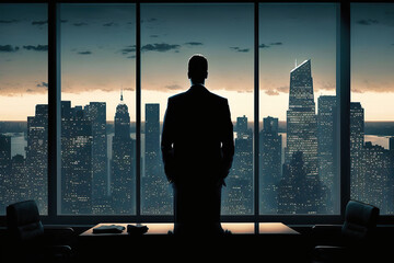Fototapeta premium ai generated illustration Confident businessman watching city sunset through window