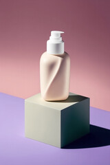 Cosmetics packaging mockup with a podium on a minimalist background. Beauty products. Generative Ai