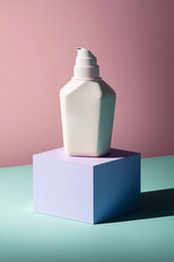 Cosmetics packaging mockup with a podium on a minimalist background. Beauty products. Generative Ai