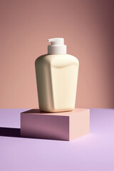 Cosmetics packaging mockup with a podium on a minimalist background. Beauty products. Generative Ai