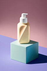 Cosmetics packaging mockup with a podium on a minimalist background. Beauty products. Generative Ai