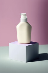 Cosmetics packaging mockup with a podium on a minimalist background. Beauty products. Generative Ai
